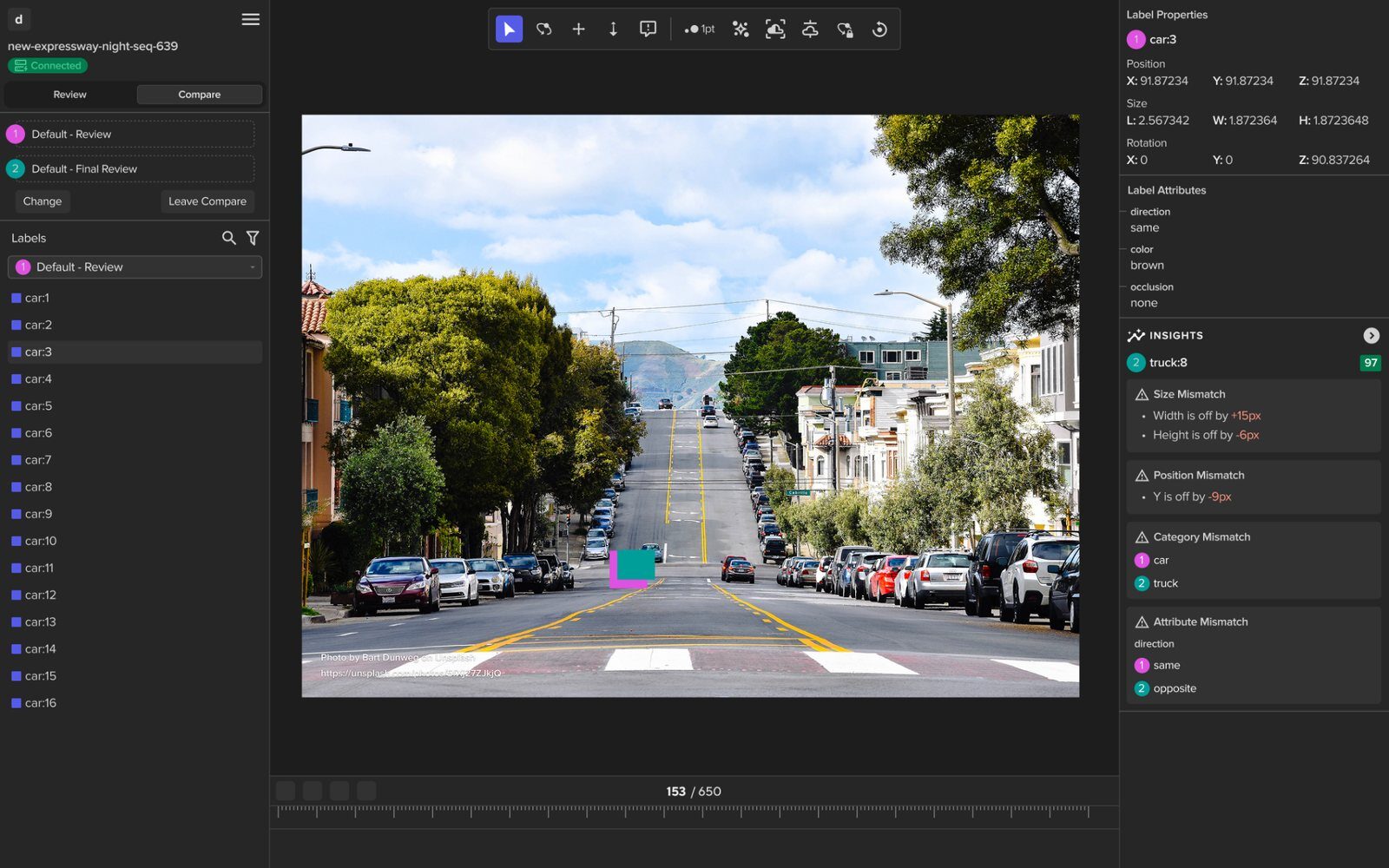 Label comparison on a street scene: review versus final review, with per-object size, position, category, and attribute mismatches flagged