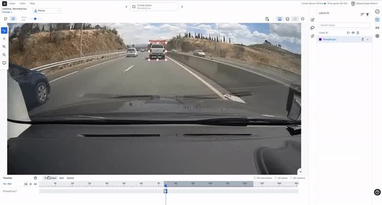 Highway dashcam frame with multi-object detection boxes