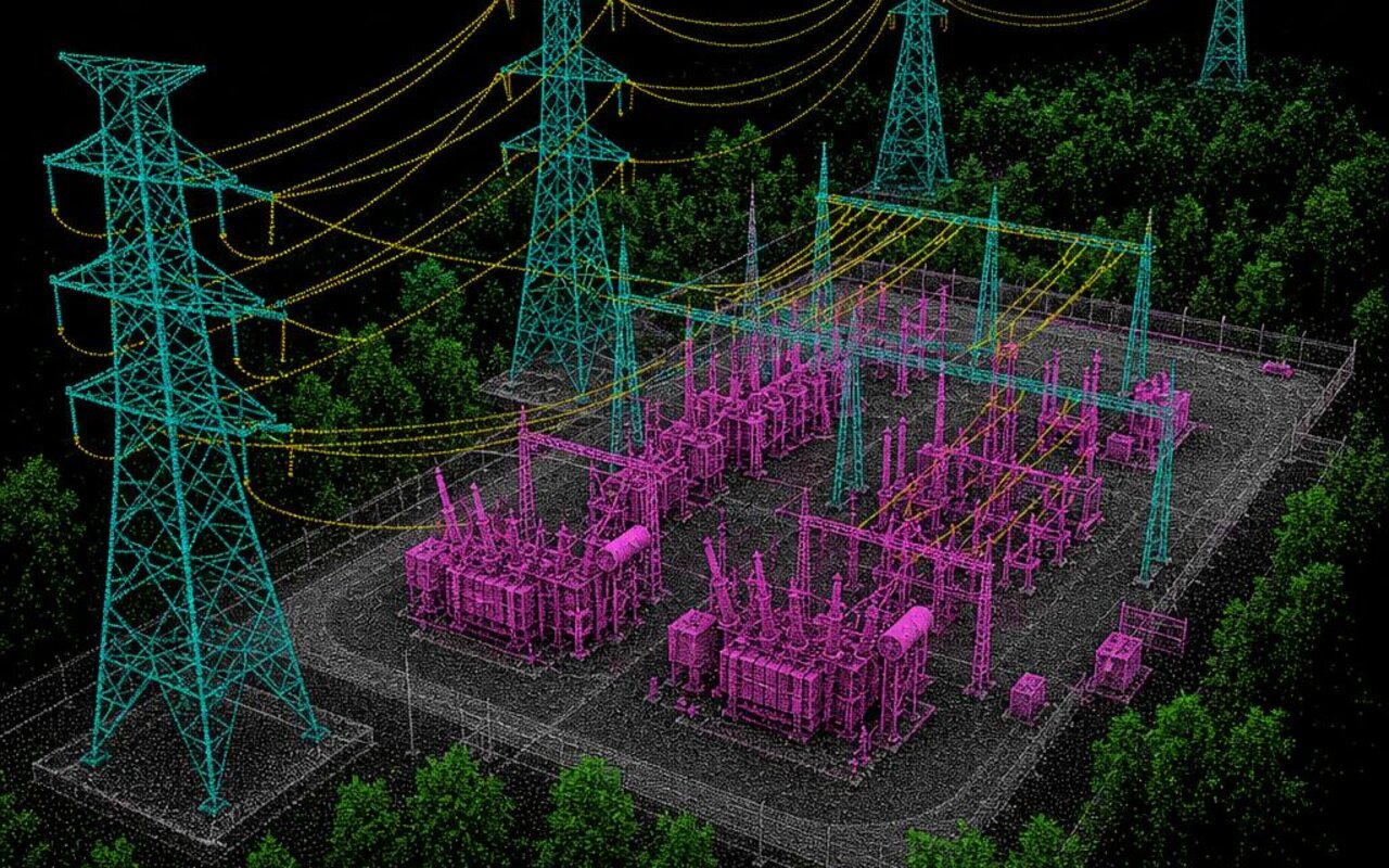 Point-cloud scan of a substation and transmission corridor with segmented structures