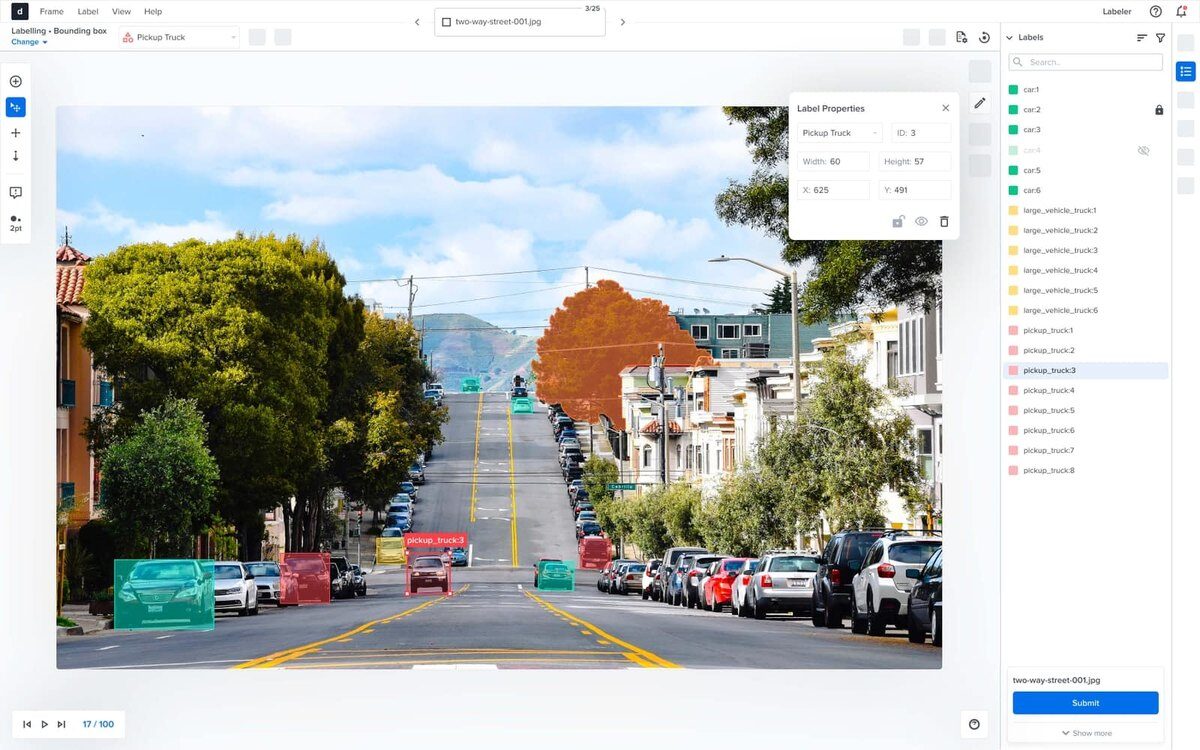 City street with pixel-accurate semantic segmentation overlay
