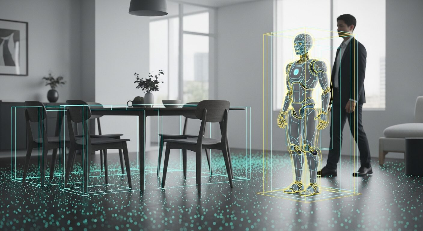 Humanoid in an indoor scene with 3D bounding boxes