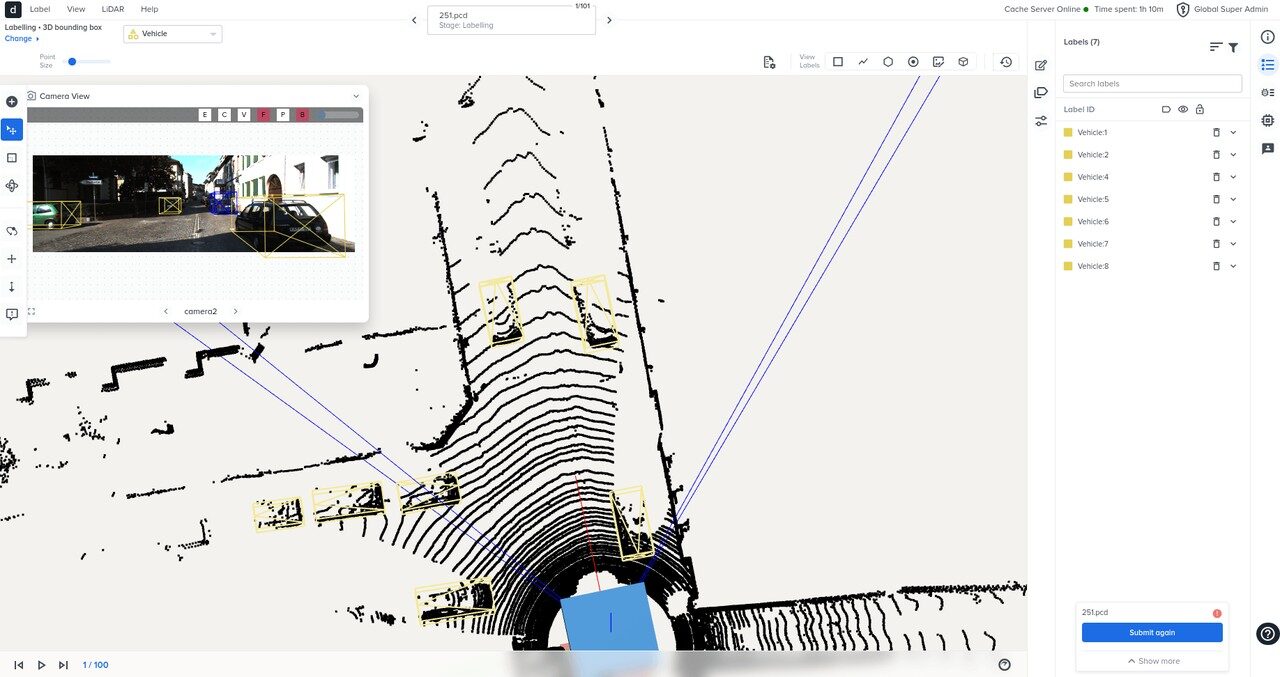 3D bounding-box labeling on a fused LiDAR and camera scene in the Annotate workspace